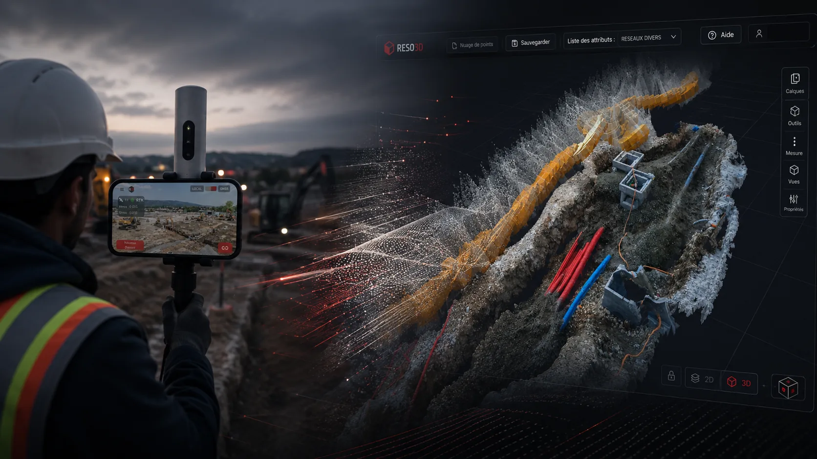 Démonstration Reso3D montrant l'acquisition terrain et la reconstruction 3D d'une tranchée
