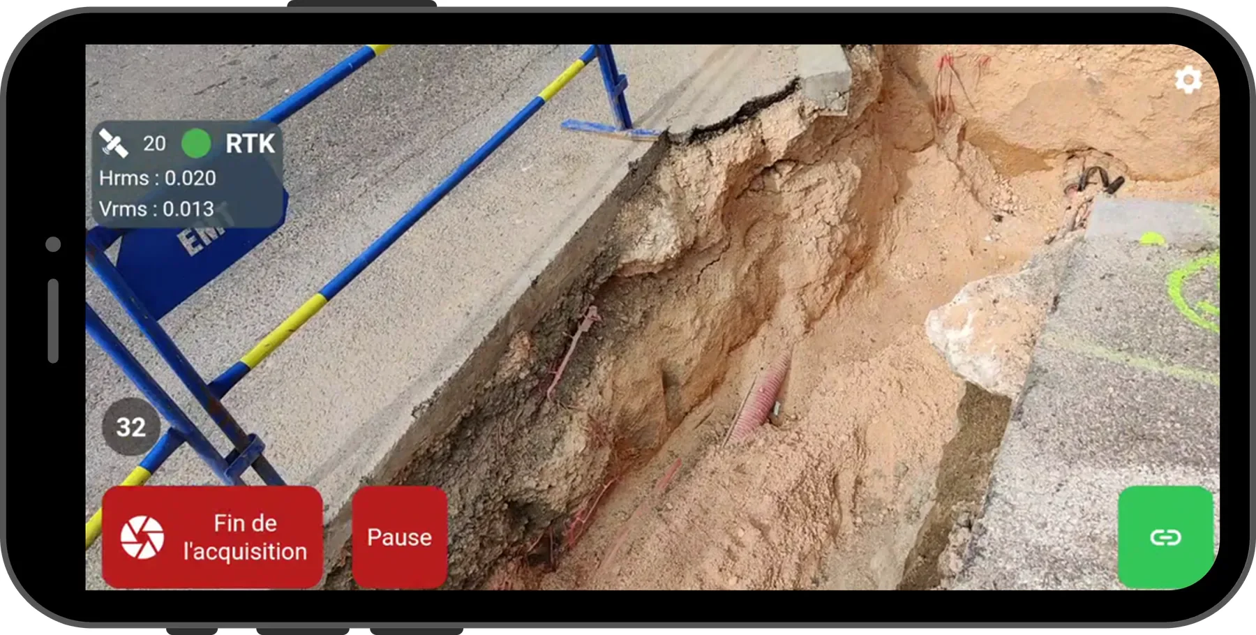 Interface de l'application mobile RESO 3D pour la capture photogrammétrique sur chantier
