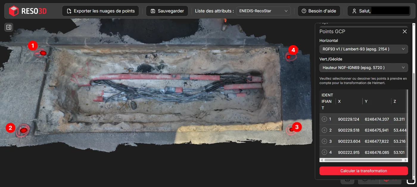 Interface MyReso3D de géoréférencement par points d’appui GCP
