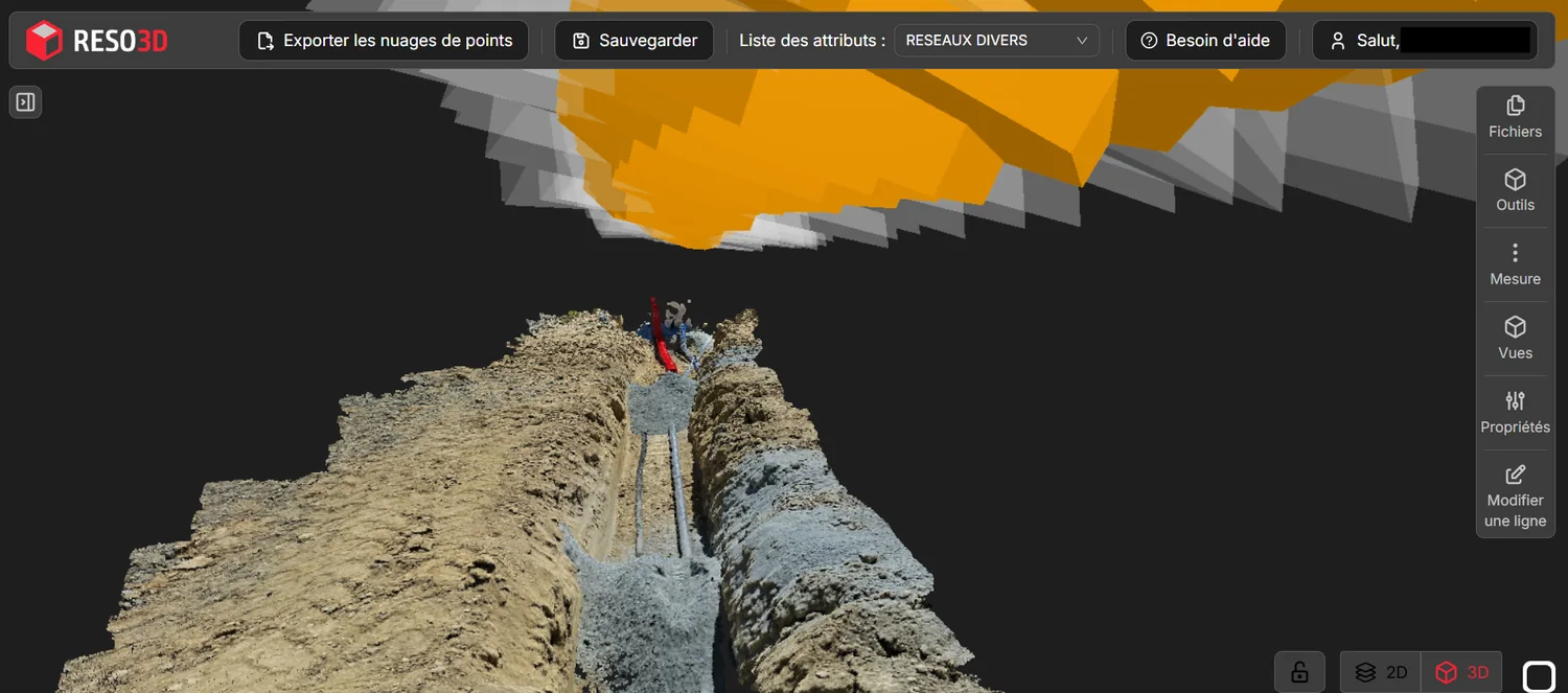 Interface MyReso3D affichant un modèle 3D de tranchée VRD exploitable après acquisition terrain