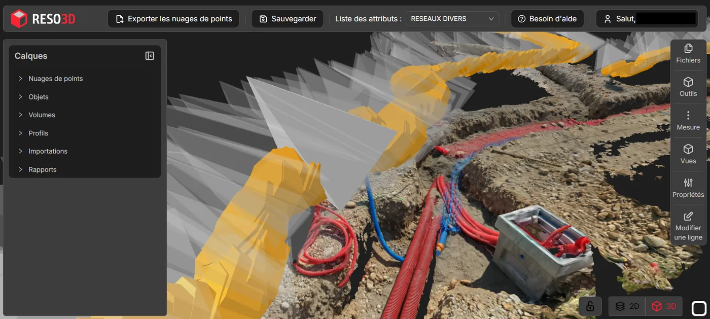 Acquisition Reso3D d'une tranchée ouverte transformée en modèle 3D de réseaux enterrés